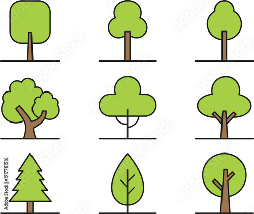 Flat vector illustration set of green nature trees with different shapes including round square triangular and bushy foliage isolated on white background.