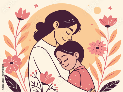 A heartwarming Mother’s Day illustration of a mother hugging her child, surrounded by soft pastel flowers, warm sunlight, gentle smile, emotional atmosphere, highly detailed, watercolor style