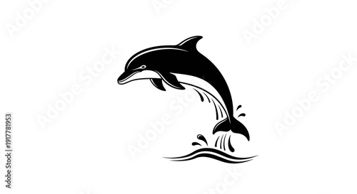 Black and white graphic illustration of a dolphin leaping gracefully out of the water, creating dynamic splashes.