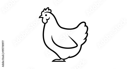 A minimalist black and white line art illustration of a chicken, depicted in profile, standing on a plain white background.