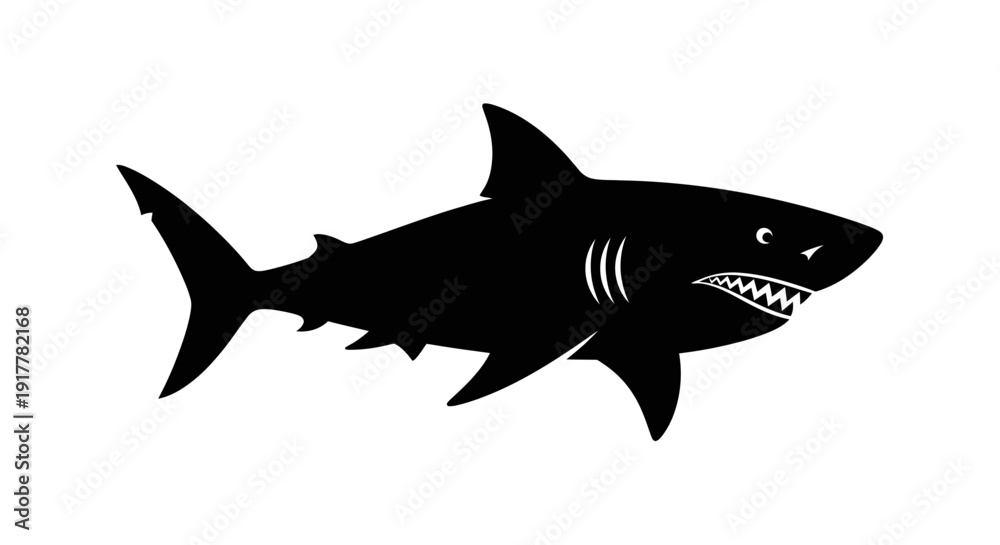 Fototapeta premium A striking black silhouette of a shark with visible gills and sharp teeth, depicted in a side profile against a white background.