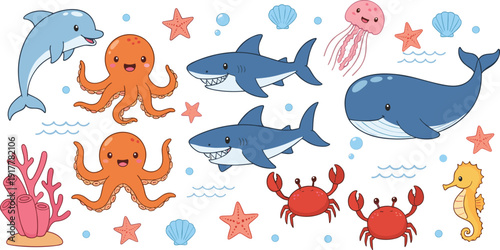 Flat vector illustration set of cute sea animals including shark whale dolphin octopus jellyfish crab seahorse starfish and coral reef for ocean life.