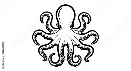 Detailed black and white line art illustration of an octopus with eight tentacles and suckers, stylized and symmetrical, on a white background.