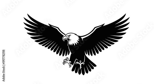 Majestic black and white illustration of a bald eagle with wings spread wide, symbolizing freedom and power.