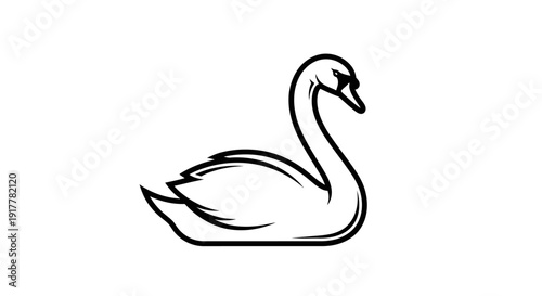 A black and white outline illustration of a graceful swan swimming, depicted in a minimalist and elegant style.