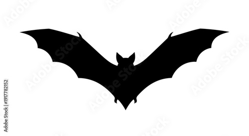 A striking black silhouette of a bat with its wings fully extended, captured in flight against a clean white background.