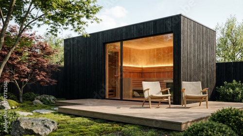 Modern outdoor sauna pod with black wood cladding on a timber deck in a peaceful Japanese style garden with maple trees and moss.