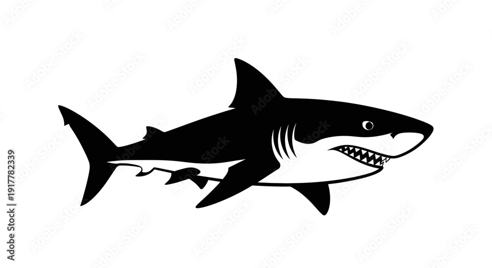 Obraz premium Black and white illustration of a powerful great white shark swimming with sharp teeth visible.