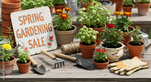 Spring gardening sale with various potted plants and tools on a wooden table