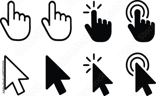 Set of click cursor icon with hand pointer and arrow mouse click signs