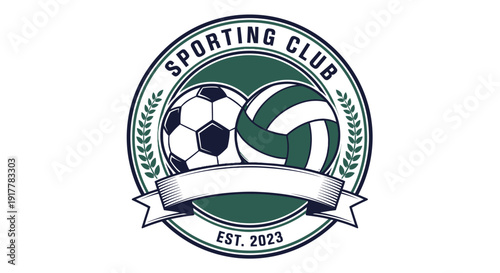 Sporting Club Emblem Featuring Soccer and Volleyball.