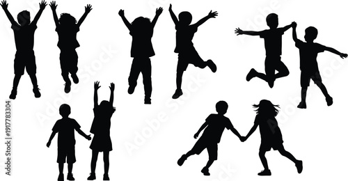 Children, silhouettes, jumping, for, joy, group, of, kids, holding, hands, happy, childhood, friendship, play, active, lifestyle, isolated, on, white, background, vector, collection