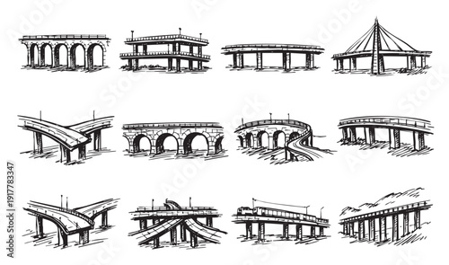Black and white illustrations of bridges and tunnels, with vehicles and people. Concept for travel, engineering, transportation, and infrastructure projects. Use for brochures, infographics.