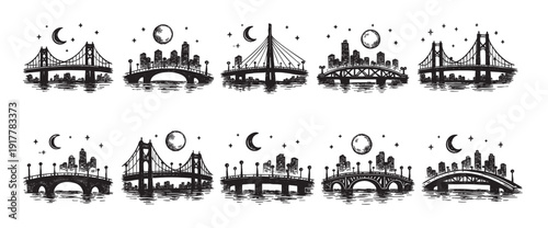 This detailed illustration showcases various bridge designs against a city backdrop under a moonlit sky. Ideal for travel blogs, urban design publications, or creative projects.