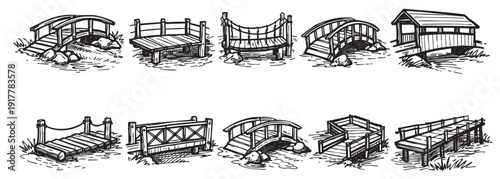 A black and white, hand-drawn collection of various bridge designs. Ideal for architectural drawings, illustrations, storybooks, or creating website graphics and designs.