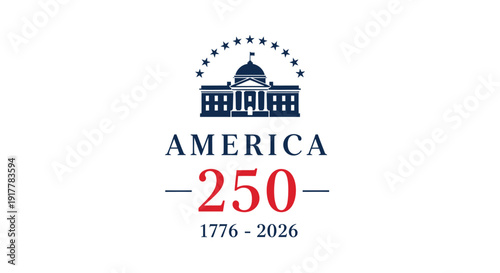 America 250th anniversary logo, patriotic symbol with building and stars, 1776-2026 commemorative emblem