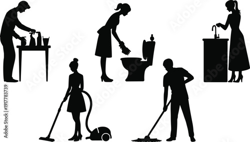 Cleaning, people, silhouettes, set, household, chores, vacuuming, mopping, washing, dishes, toilet, cleaning, professional, service, hygiene, housekeeping, isolated, on, white, background, vector, col