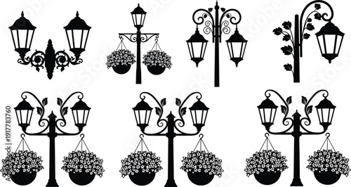 Decorative vintage street lamp silhouettes with hanging flower baskets, ornate lantern posts classic urban lighting vector illustration set