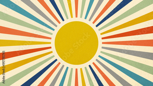 Bilde på lerret Vibrant retro sunburst design featuring a central yellow circle radiating colorful striped rays across a textured beige background evoking cheerful vintage style