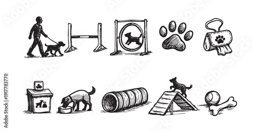 Hand-drawn sketch illustration of dog training elements including an agility course, pet food, bag, paw prints, and accessories. Ideal for pet-related projects and educational content.