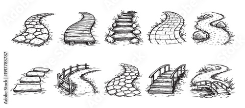 Hand-drawn collection of different garden paths and walkways in black and white. Includes stone, wood, brick, steps, bridges and various path styles. Usable for illustrations, designs, and branding.