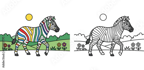 Cute Zebra Vector Illustration Set: Colorful Rainbow Striped Animal and Black and White Outline for Kids Coloring Book, Education, and Drawing Activity
