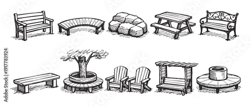 Hand-drawn sketch illustration featuring various outdoor furniture pieces, perfect for garden design or landscaping projects. Black and white aesthetic for versatile use.