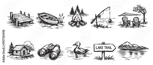 Set of sketches depicting lake activities. Includes dock, boat, cabin, campfire, fishing, birdwatching and more. Can be used for nature illustrations, banners or camping flyers.