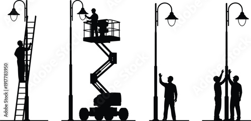 Street light maintenance silhouettes, workers repairing lamp posts with ladder and lift platform, urban public lighting service vector