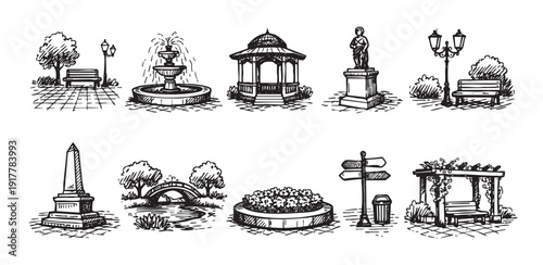 Hand-drawn style park elements illustration featuring a fountain, statue, gazebo, benches, bridge, and more. Ideal for architectural renderings, maps, site plans, and landscape design concepts.