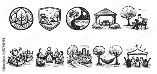 Hand drawn doodle style vector illustration set of various outdoor activity icons. Includes camping, picnics, park benches, and community. For branding, infographics, or decoration.