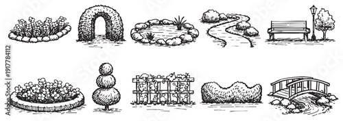 Black and white sketch featuring various garden design elements, perfect for architectural illustrations, landscape planning or crafting DIY garden guides.