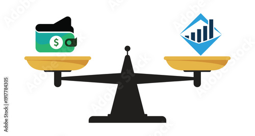 Financial Balance Scale Comparing Wallet and Business Growth Chart, Symbolizing Economic Equilibrium, isolated on transparent background