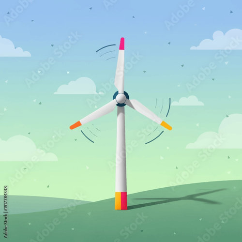 Modern wind turbine rotating its blades to generate clean, renewable energy in a lush green field under a dynamic cloudy sky.