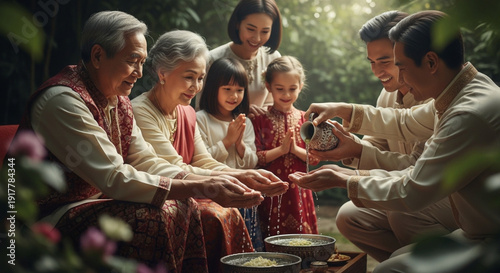 Multigenerational Thai Family Celebrating Songkran Festival with Traditional Water Pouring Ceremony in Garden