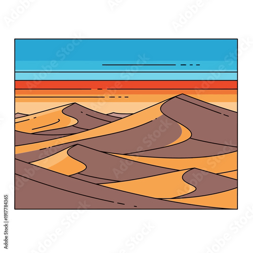 Vast desert landscape with rolling sand dunes under a dramatic sky, depicting an arid and tranquil environment at sunset or sunrise.