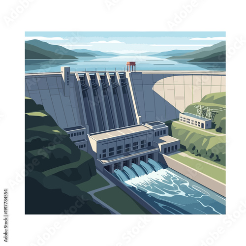 Massive concrete hydroelectric dam generating clean energy with water flowing through spillways in a mountainous landscape.