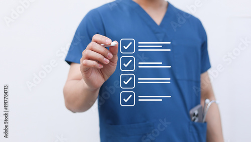 Tableau sur toile close up young general practitioner hand use stylus pen to check box on medical