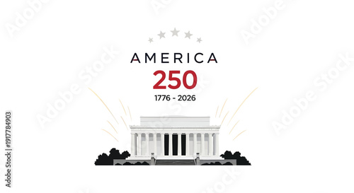 America 250th anniversary icon, white Lincoln Memorial building with stars and sun rays, isolated on transparent background