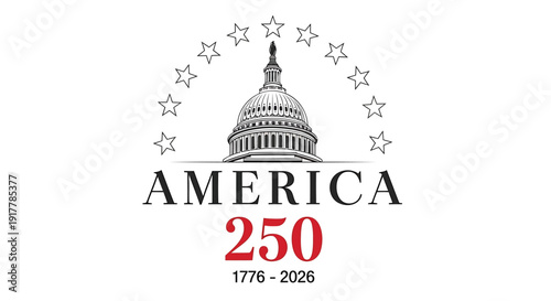 America 250th anniversary logo, vector illustration of US Capitol building with stars, commemorative badge for 1776-2026 celebration
