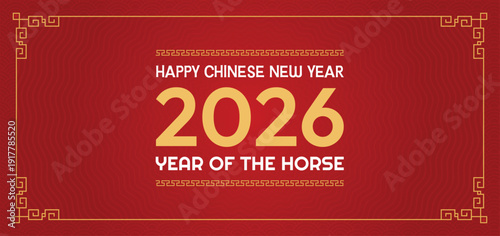Festive banner design celebrating the upcoming chinese new year holiday in twenty twenty six marking the commencement of the year of the horse zodiac animal.