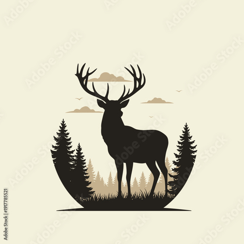 Silhouette of a Deer in a Forest Landscape Scene