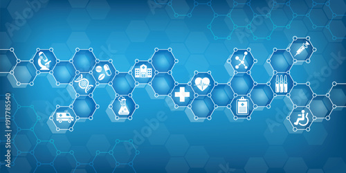 Medical background and healthcare abstract technology with flat icons. Design template of concept for hospital, health care business, innovation medicine, science. Vector illustration.