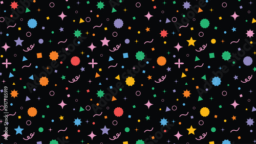 Vibrant and playful seamless pattern featuring a dense array of colorful geometric confetti shapes scattered across a deep black background evoking celebration and fun.
