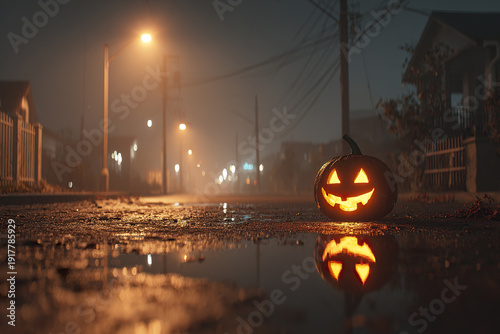 Cinematic Halloween scene with glowing jack o lantern on wet street at night reflecting in puddle under streetlights creating spooky atmosphere