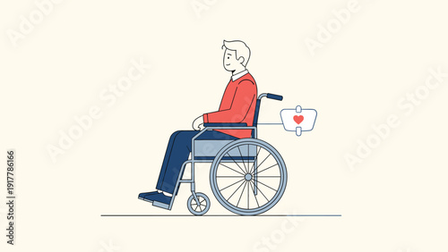 Courageous man sits confidently in a manual wheelchair while a heart symbol appears in a speech bubble behind him to signify empathy.