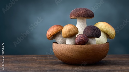 Assorted Fresh Mushrooms Displayed in Wooden Bowl on Dark Background – Perfect for Culinary and Natural Food Themes, Home Cooking, and Food Photography