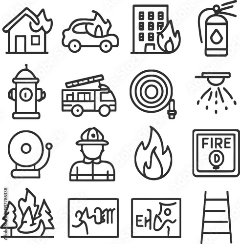 Firefighting outline icons, emergency and safety thin line vector set