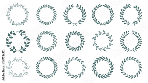 Extensive collection of circular leaf wreaths and laurel branches is presented in various styles for awards or decorative logo design.