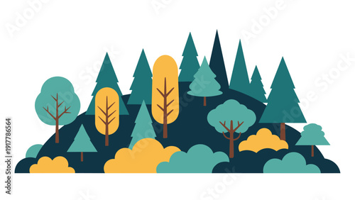 Stylized forest landscape features various green and yellow trees on a dark blue hill under a clear sky in a simple flat illustration.